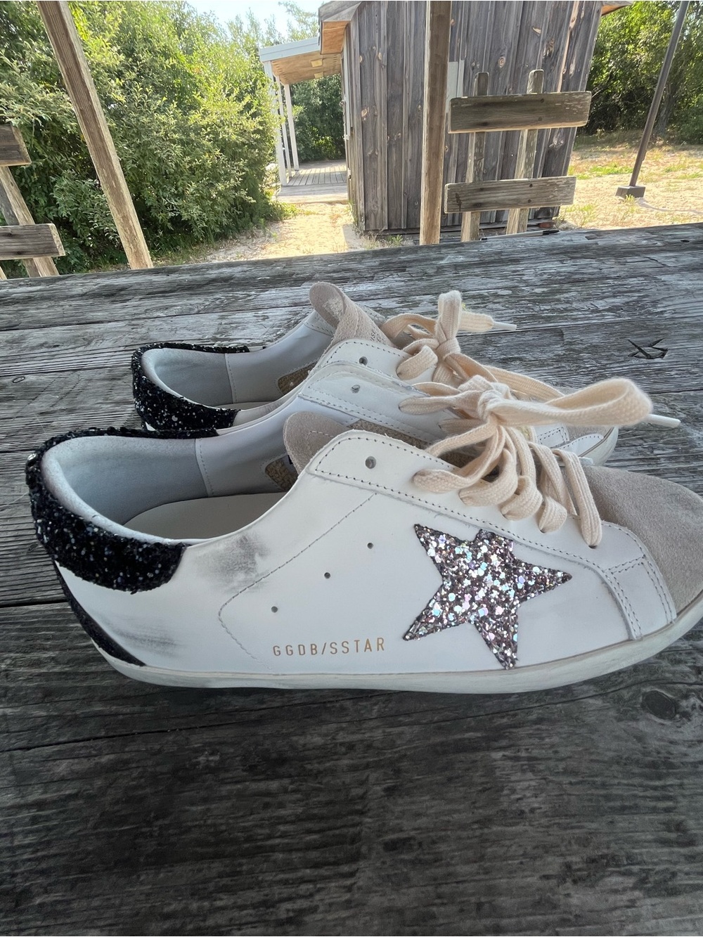 Golden Goose Cream Sneakers with Pink Glitter Star and Black Heel 10 - Picture 2 of 10